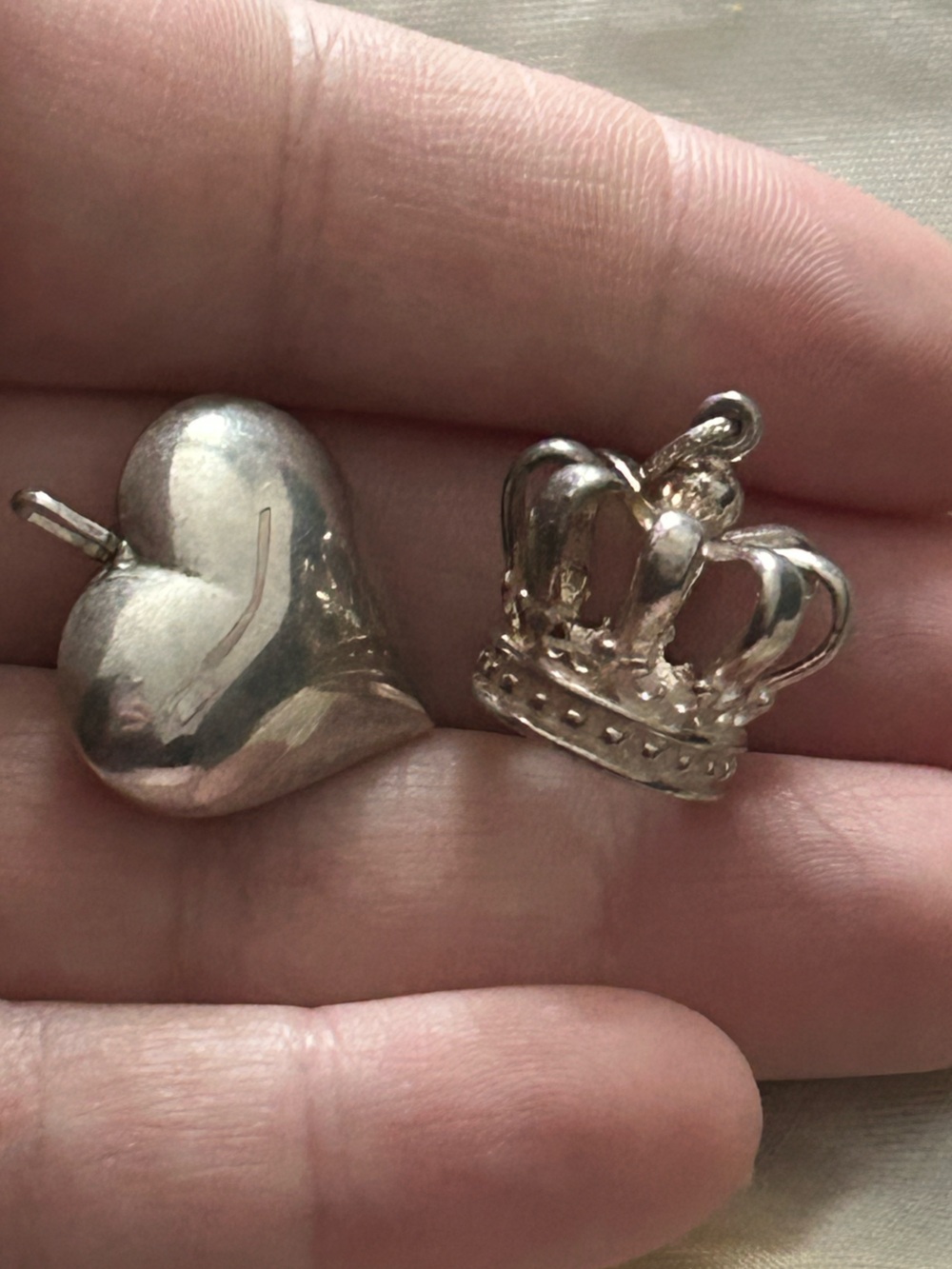 Pair of vintage Puffy Heart and Crown Charms or Pendants